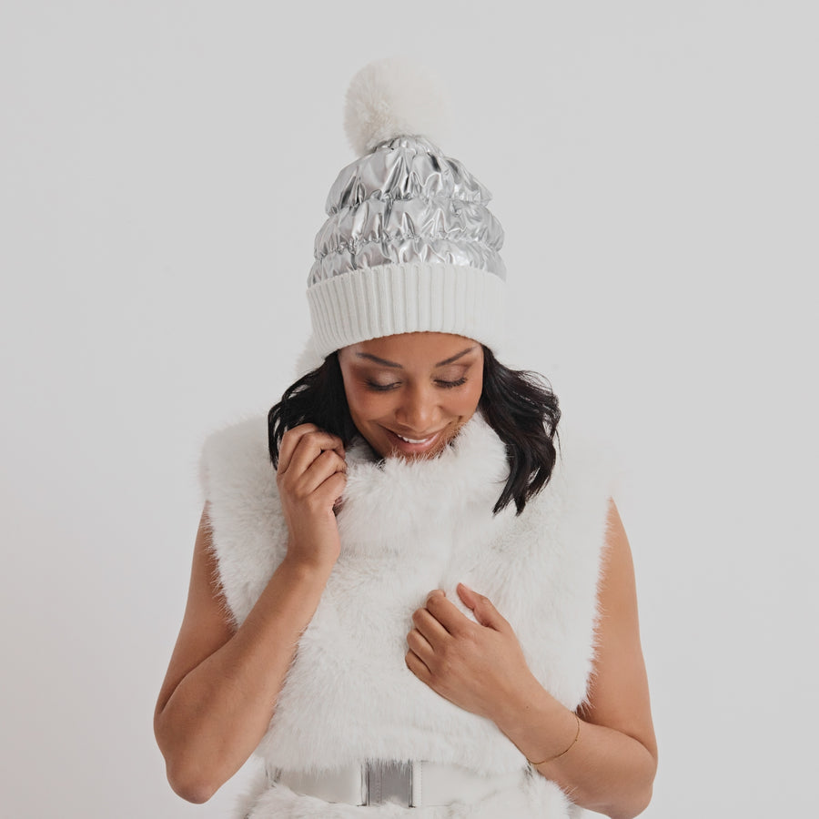 Quilted hat with faux fur pom 8006-CRM