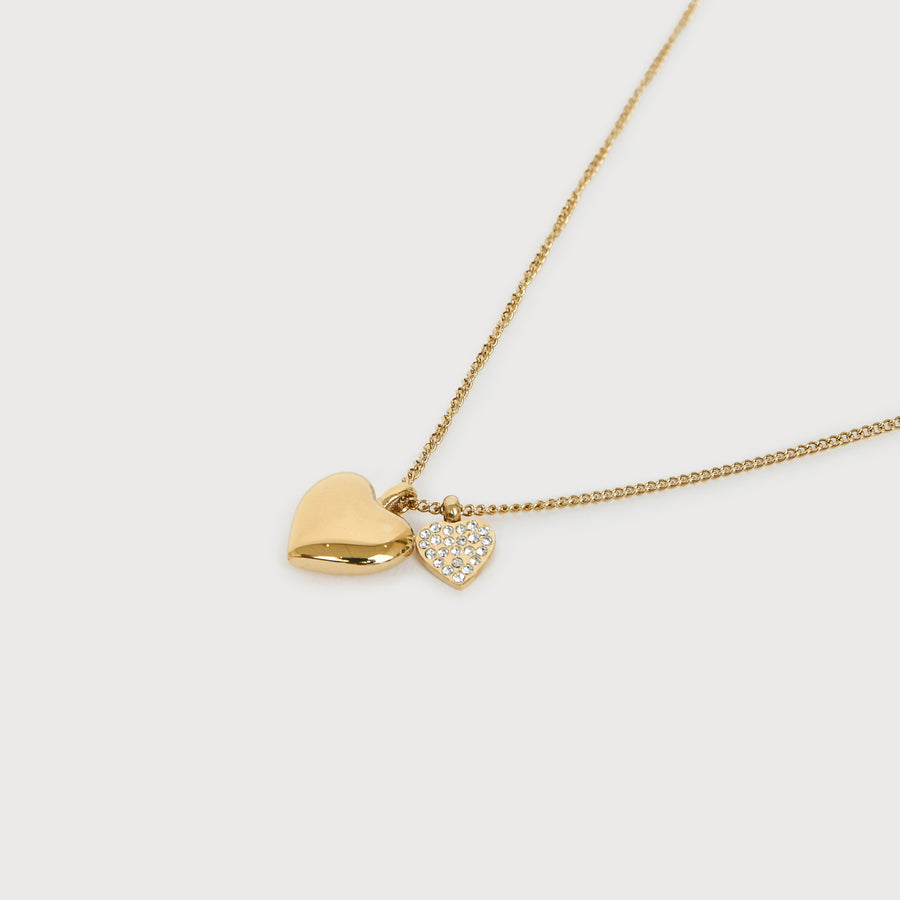 Stainless steel pair of hearts and zircon necklace gold N001-G