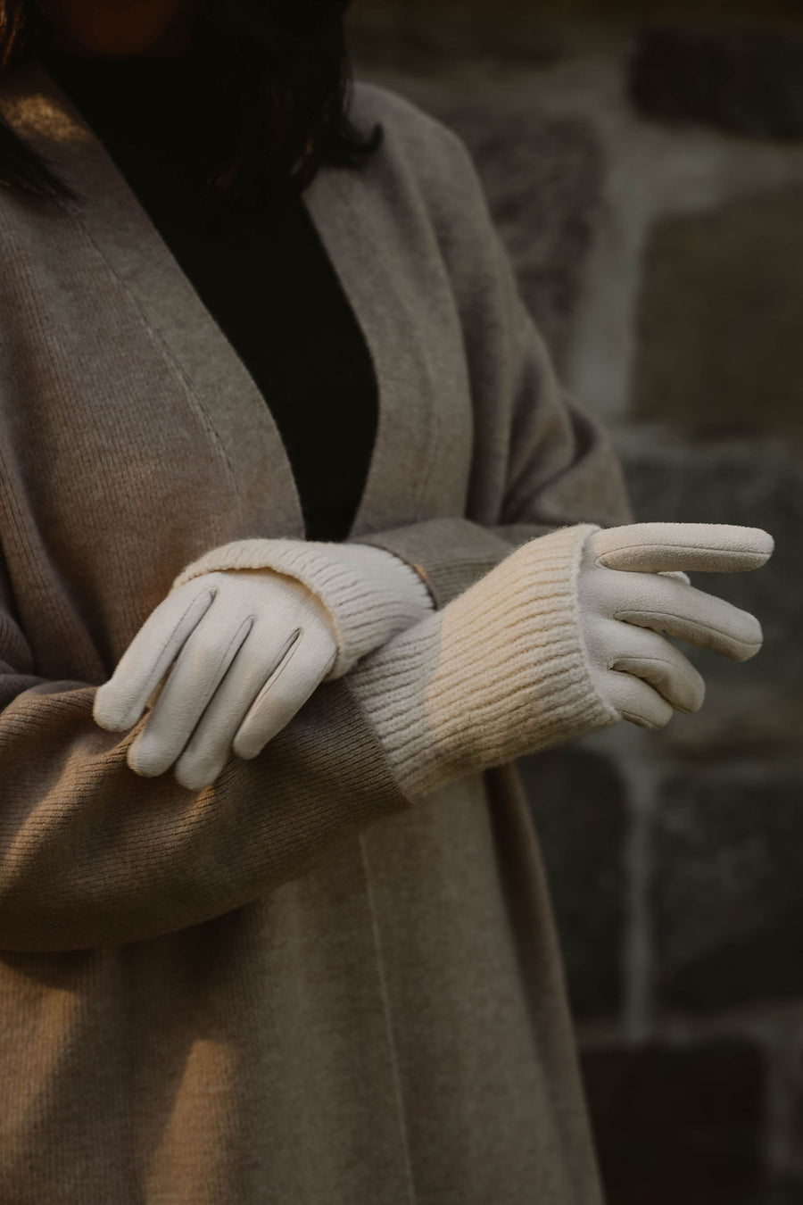 Ribbed wrist-warmer faux suede gloves 9010-CRM