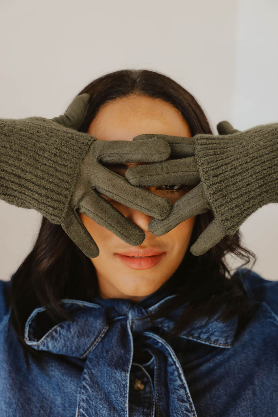 Ribbed wrist-warmer faux suede gloves 9010-KAK