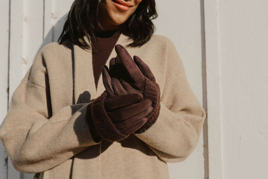Ribbed wrist-warmer faux suede gloves 9010-CHO