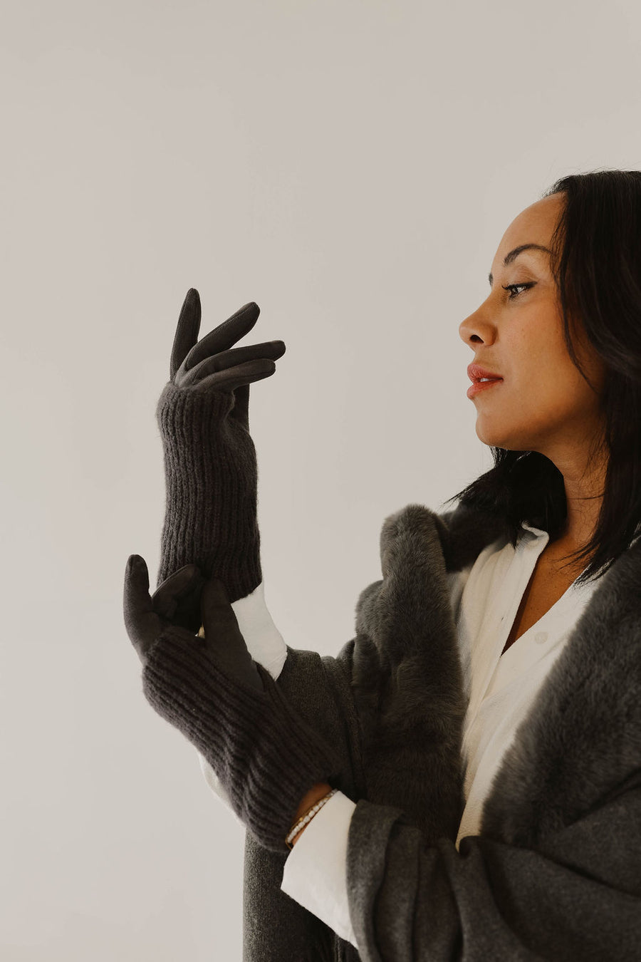 Ribbed wrist-warmer faux suede gloves 9010-DKG