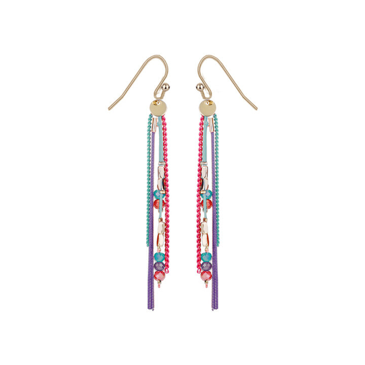 BOUCLES D'OREILLES CHAÎNES COLORÉES ET PERLES ASSORTIES SUR CROCHETS - MULTI ET OR | COLOURED CHAINS AND MIXED SHAPE GLASS BEADS EARRINGS ON HOOKS  - MULTI & GOLD