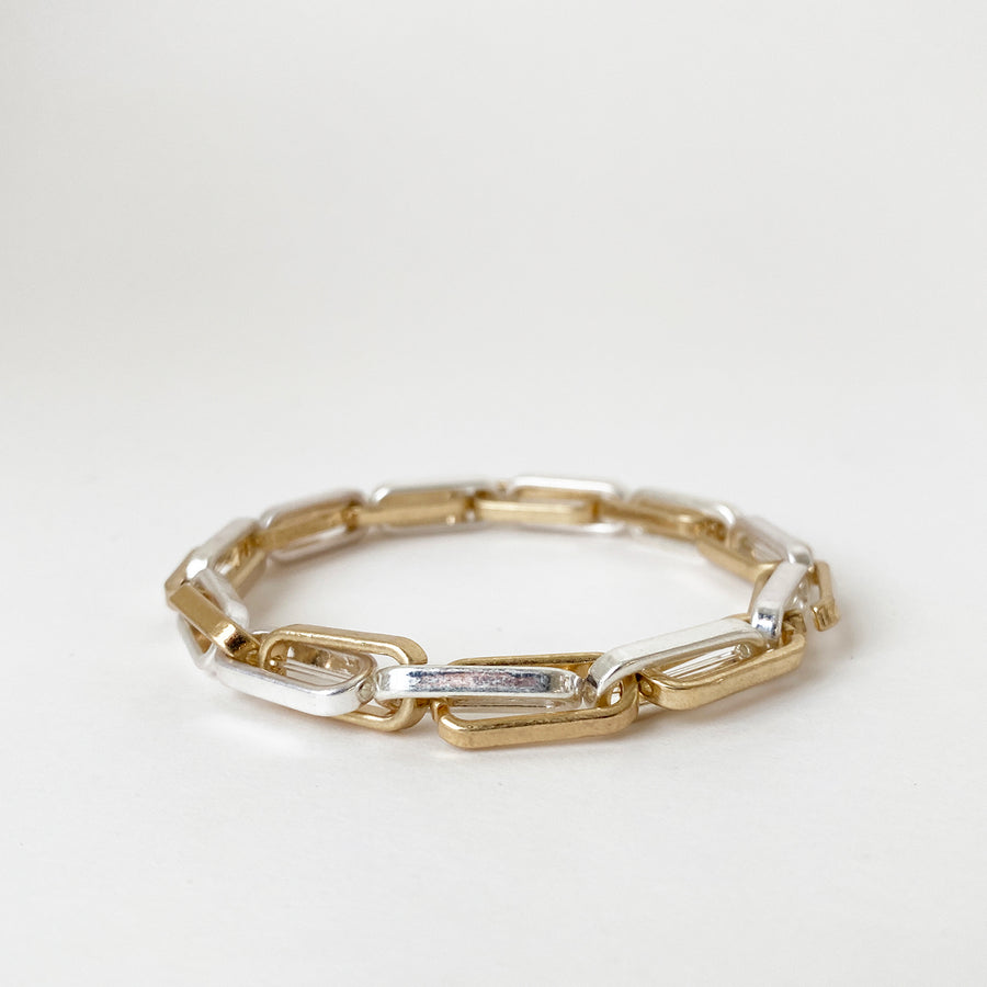 BRACELET À MAILLONS AU FINI USÉ SUR ÉLASTIQUE - ARGENT ET OR | BRACELET WITH METAL LINKS IN WORN FINISH ON ELASTIC - SILVER & GOLD