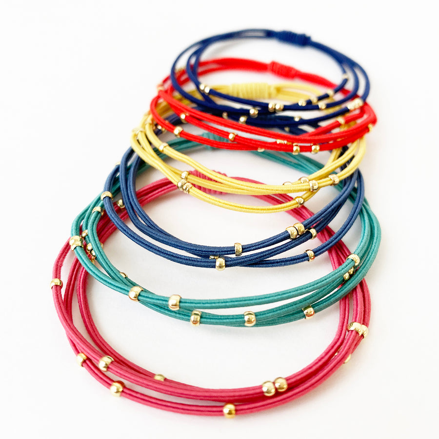 ENS. DE 6 ÉLASTIQUES CHEVEUX MINIS BILLES DE MÉTAL - MULTI COULEURS ET OR | SET OF 6 MINIS METAL BEADS HAIR ELASTICS  - MIX COLORS & GOLD