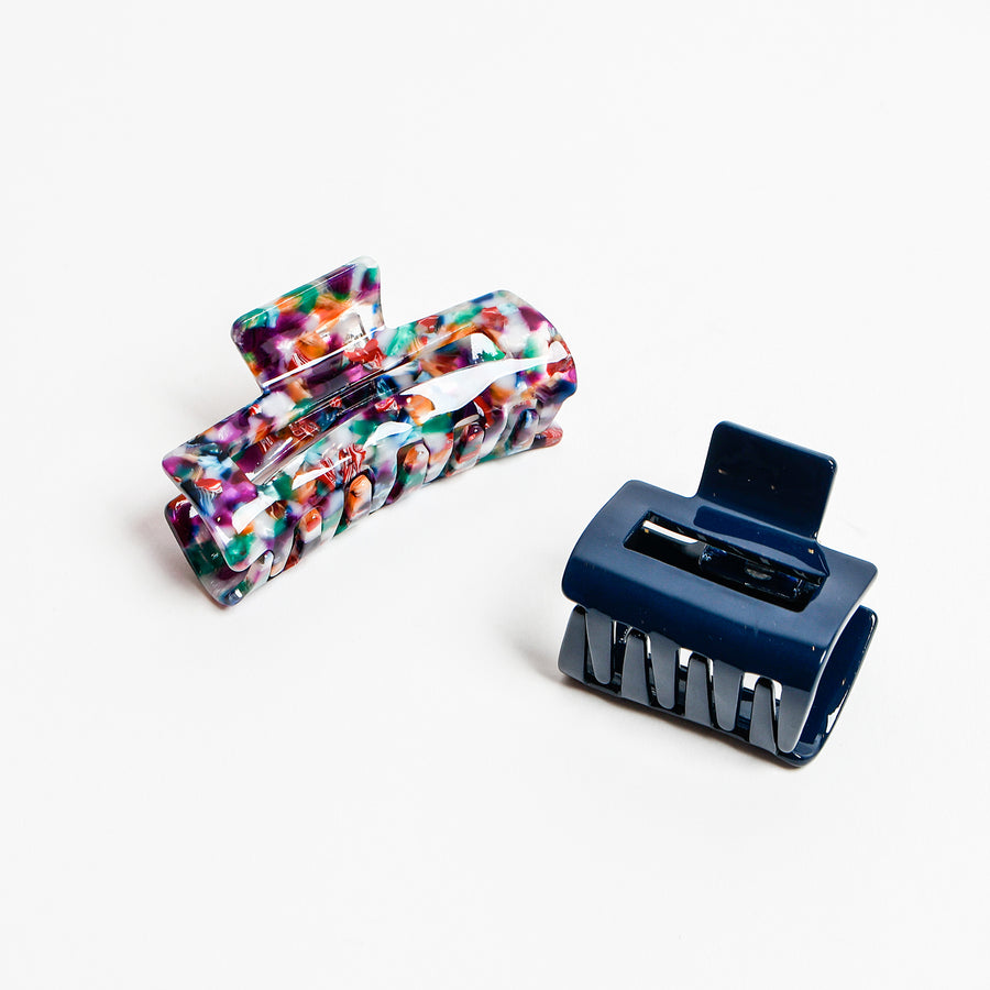 DUO 2 GRANDEURS DE PINCES À CHEVEUX RÉSINE - IMPRIMÉ ET UNI - MULTI COULEURS FONCÉS ET MARINE | TWO SIZE CLIPS - PATTERN & SOLID COLOR - MIX DARK COLORS & NAVY