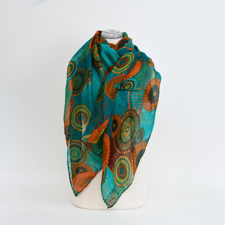ÉCHARPE LÉGÈRE IMPRIMÉE RONDS - BLEU ET SARCELLE | LIGHTWEIGHT ROUND PRINT SCARF - BLUE & TEAL