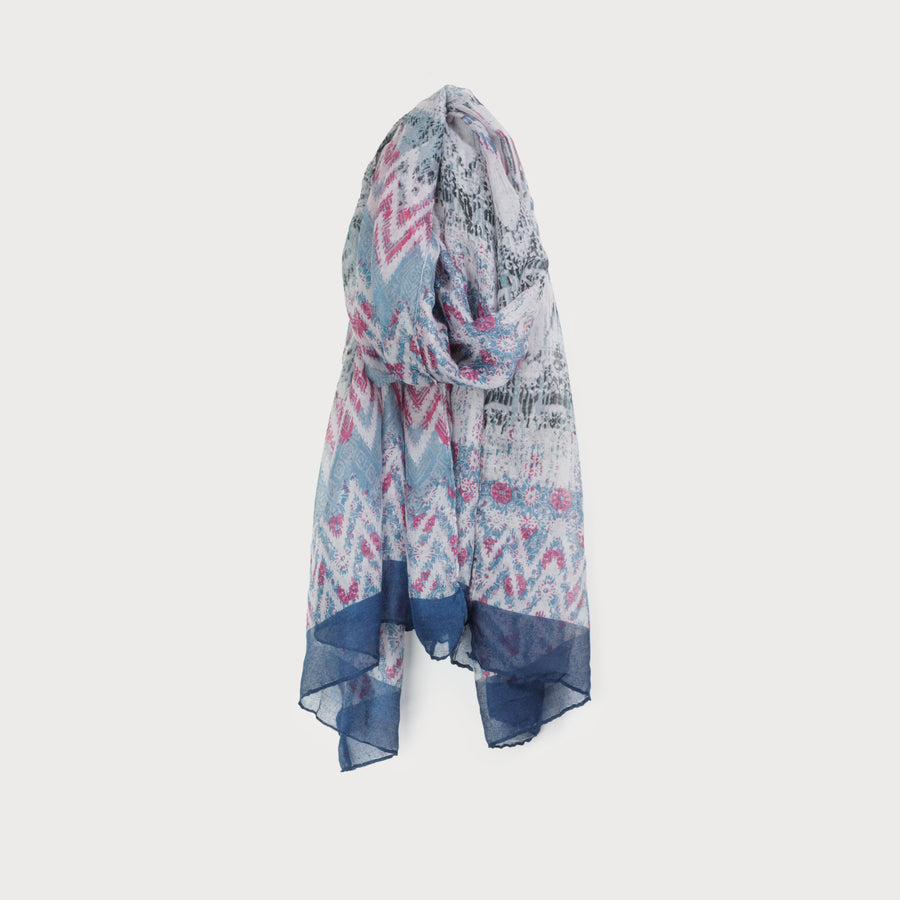 LIGHTWEIGHT SCARF WITH ABSTRACT AND COLORFUL PRINT 6142-BLU
