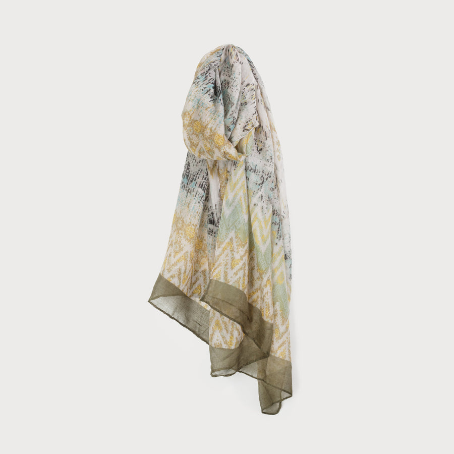 LIGHTWEIGHT SCARF WITH ABSTRACT AND COLORFUL PRINT 6142-GRN