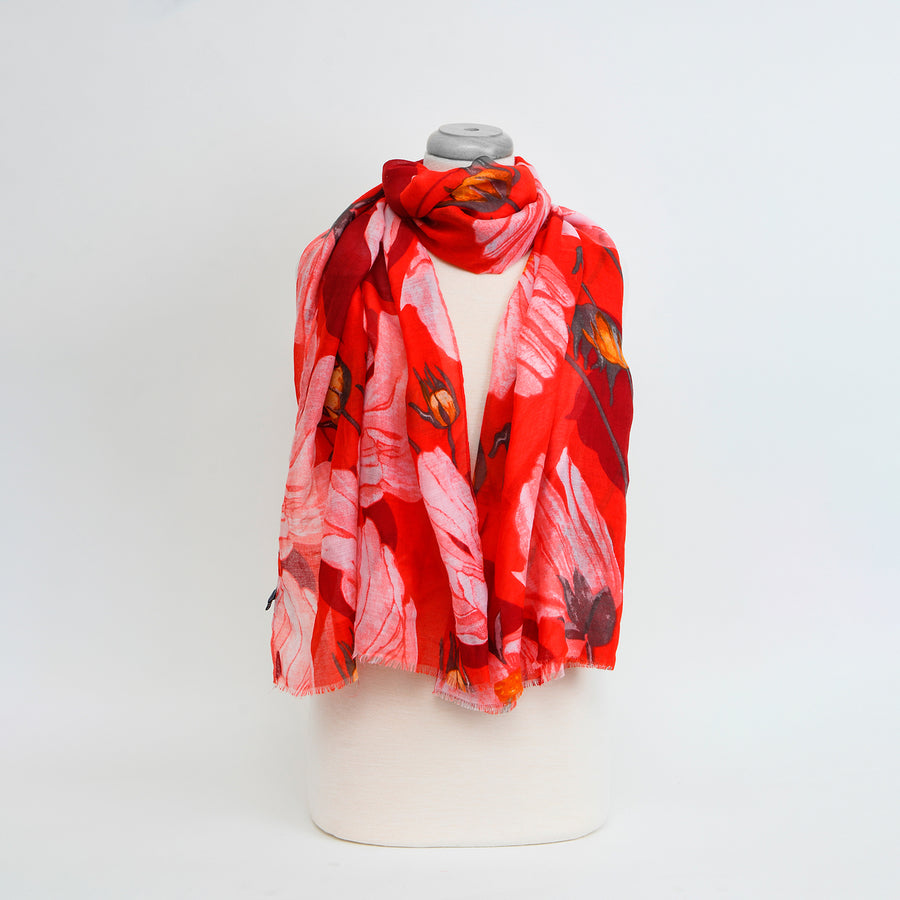 FOULARD LÉGER IMPRIMÉ FLEURS - ROUGE | LIGHTWEIGHT COLORFUL FLOWER PRINTED SCARF - RED