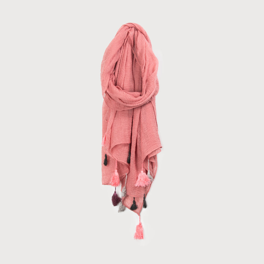 LIGHTWEIGHT PLAIN SCARF WITH POMPOMS 6155-BLH