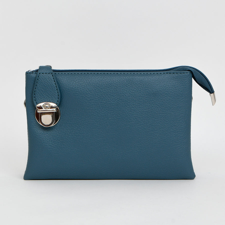 SAC SOUPLE MULTI POCHETTES ET GANSE AJUST ET DRAGONNE AMOVIBLE-IMITATION CUIR - BLEU | XBODY BAG W/MULTI POCKETS & REMOVABLE ADJ. STRAP & WRISTLET-IMITATION LEATHER - BLUE