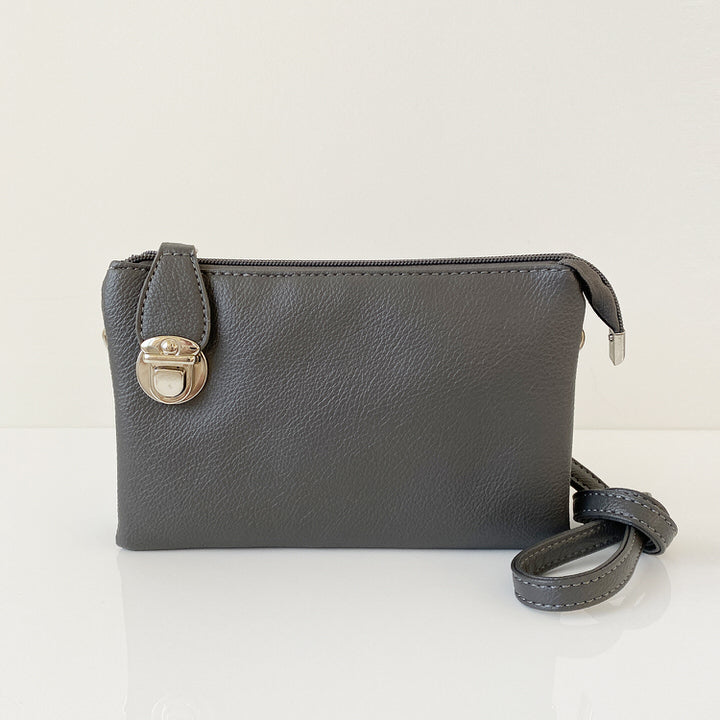 SAC SOUPLE MULTI POCHETTES ET GANSE AJUST ET DRAGONNE AMOVIBLE-IMITATION CUIR - GRIS | XBODY BAG W/MULTI POCKETS & REMOVABLE ADJ. STRAP & WRISTLET-IMITATION LEATHER - GREY