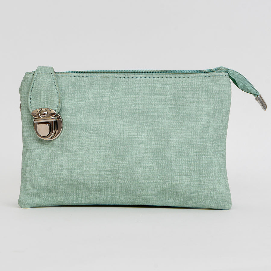 SAC SOUPLE MULTI POCHETTES ET GANSE AJUST ET DRAGONNE AMOVIBLE-IMITATION CUIR TEXTURÉ - VERT PÂLE | XBODY BAG W/MULTI POCKETS & REMOVABLE ADJ. STRAP & WRISTLET-IMITATION TEXTURED LEATHER - LIGHT GREEN