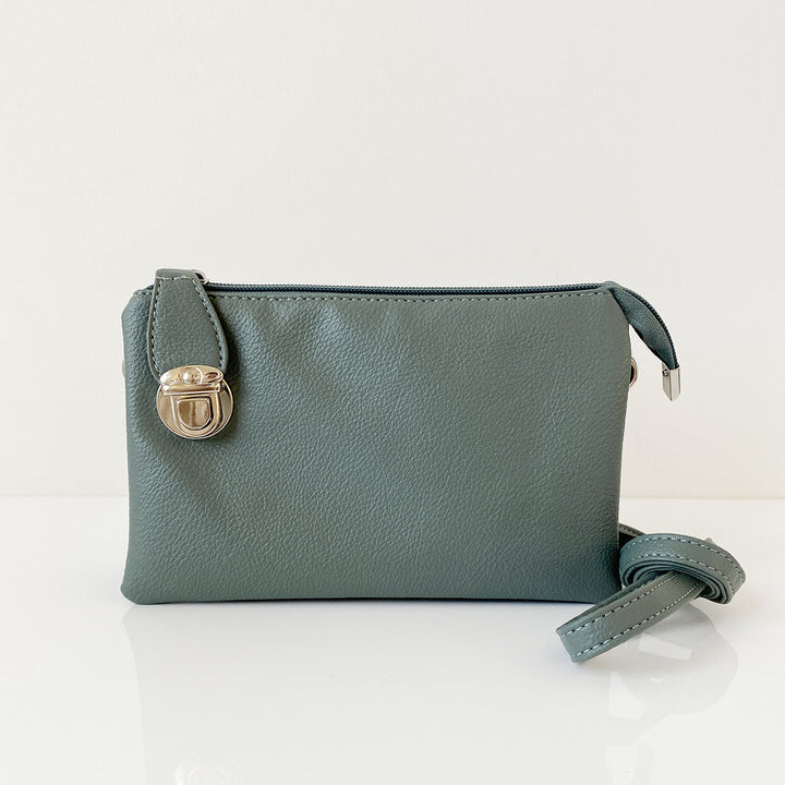 SAC SOUPLE MULTI POCHETTES ET GANSE AJUST ET DRAGONNE AMOVIBLE-IMITATION CUIR - SAUGE | XBODY BAG W/MULTI POCKETS & REMOVABLE ADJ. STRAP & WRISTLET-IMITATION LEATHER - SAGE