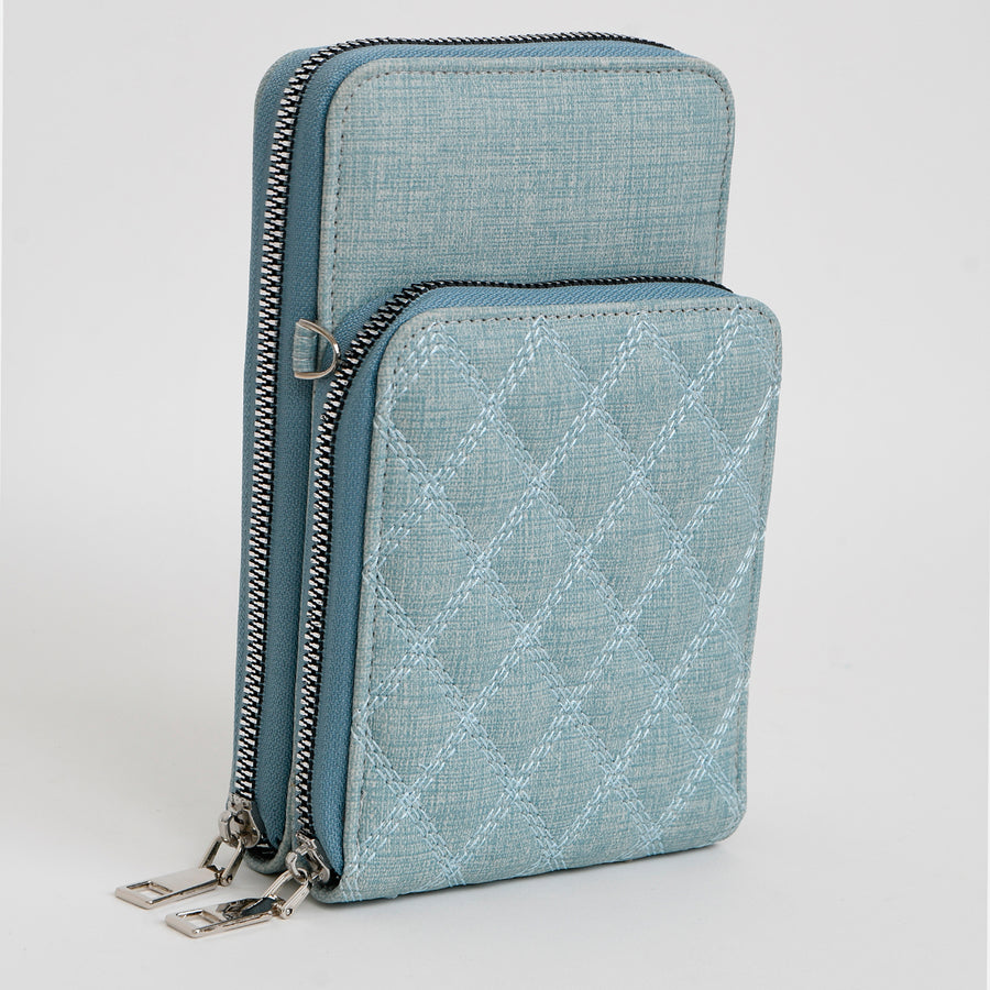 POCHETTE 2/1 MULTI COMPARTIMENTS.GANSE AMOVIBLE AVEC POCHETTE POUR CELLULAIRE - IMITATION CUIR - BLEU PÂLE | 2/1 WALLET/XBODY BAG.REMOVABLE STRAP.CARD HOLDER INSERTS.CELLPHONE POUCH - IMITATION LEATHER - LIGHT BLUE