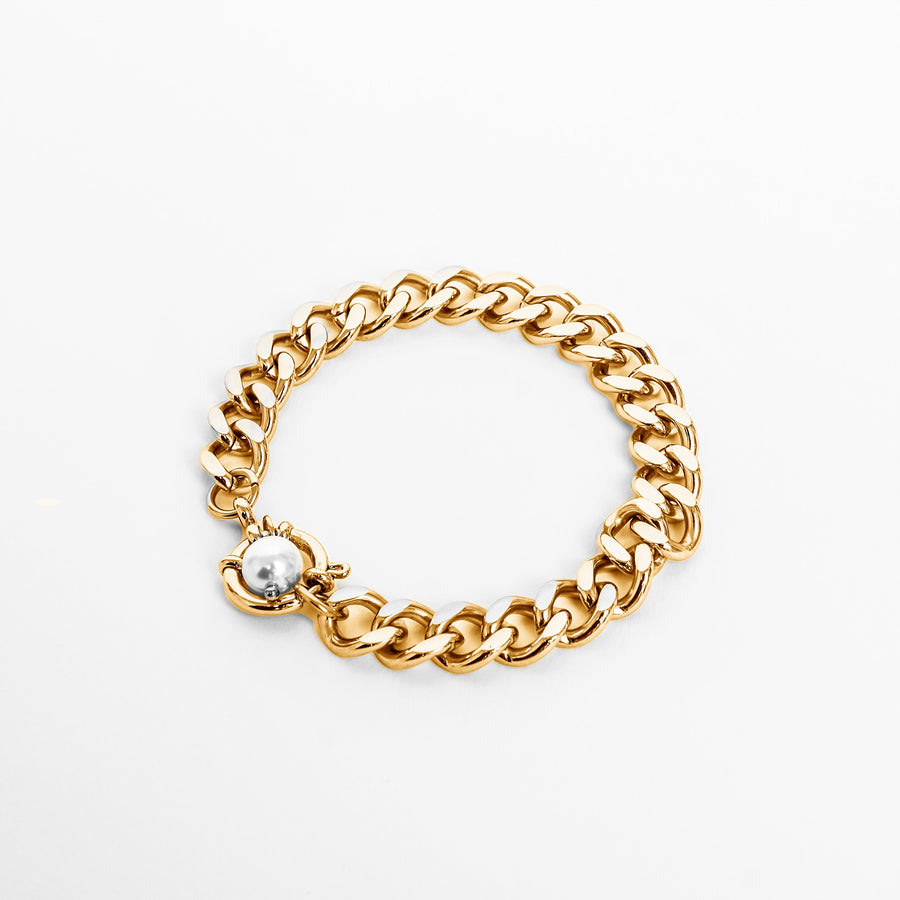 Large mesh stainless steel bracelet with pearl charm gold B003-G
