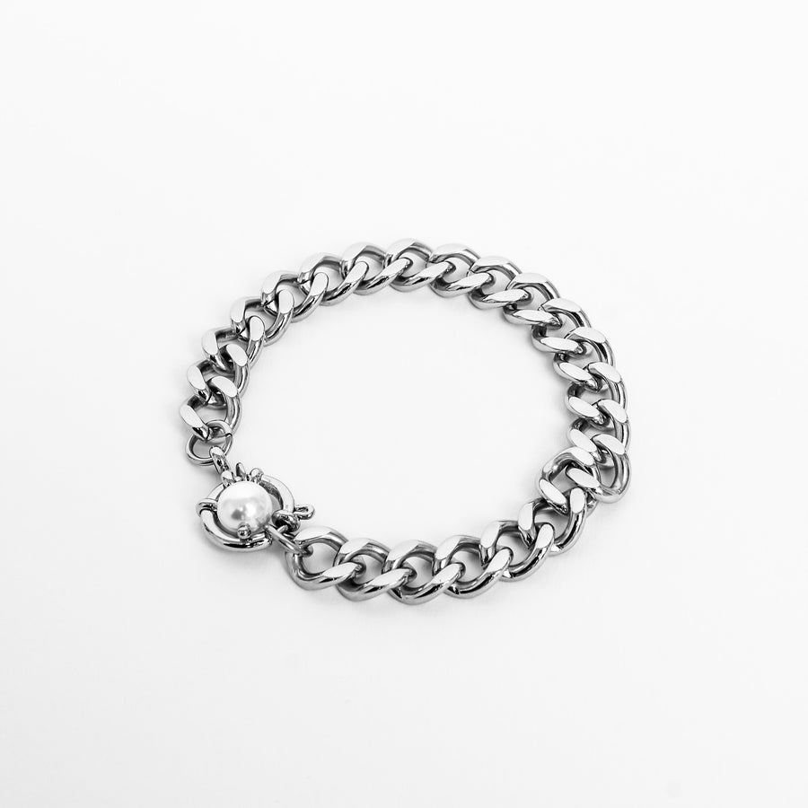Bracelet en acier inoxydable à larges mailles avec breloque perle argentée B003-S